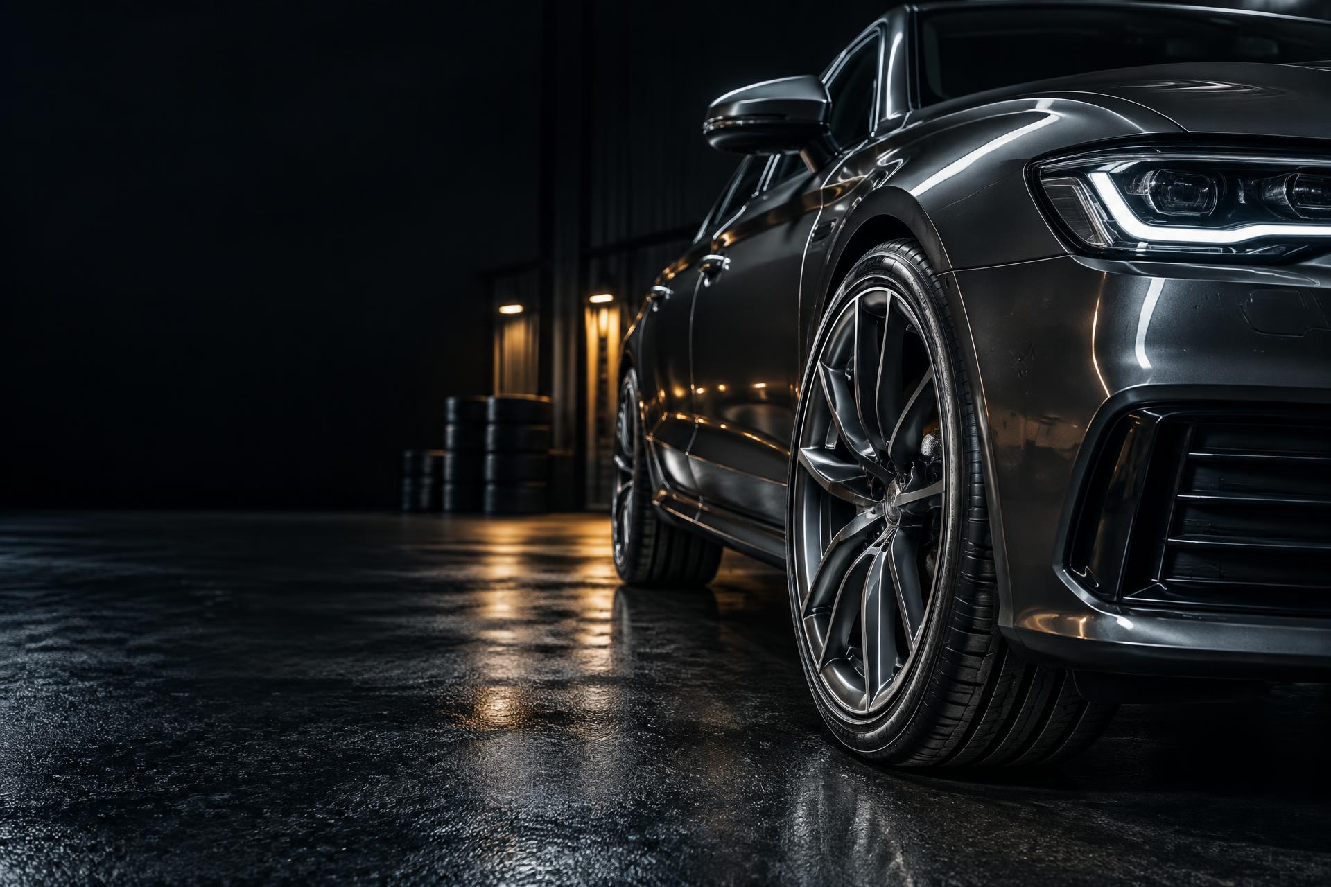 Veículo premium com pneu novo em destaque